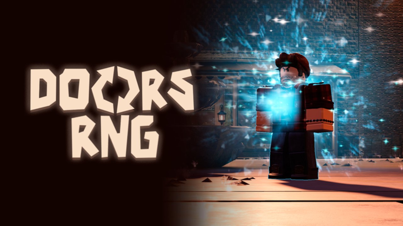 Roblox avatar in DOORS RNG wearing a bright cyan Guiding Light aura outside a hotel facade